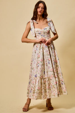 SO ME Women's Dresses Floral Cotton Ruched Bodice Tie Lined Midi Dress