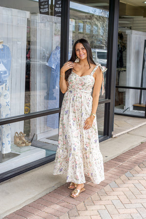 SO ME Women's Dresses Floral Cotton Ruched Bodice Tie Lined Midi Dress