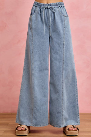 SO ME Women's Jeans Denim Seamed Elastic Waist Wide Leg Jeans Pants