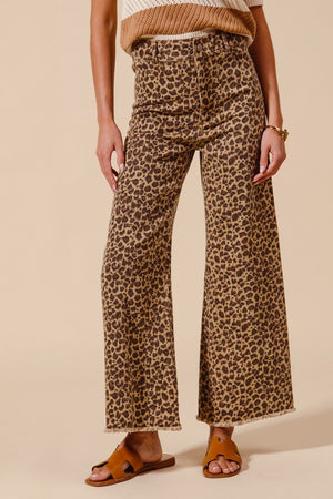 SO ME Women's Pants So Me Mid Rise Leopard Twill Denim Frayed Hem Wide Leg