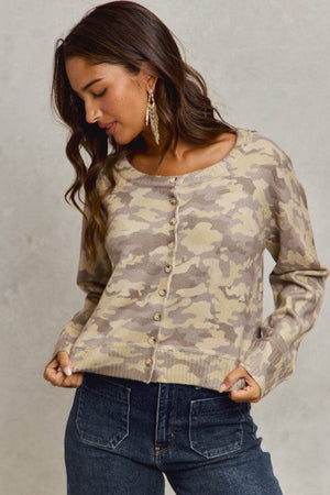 SO ME Women's Sweaters Camouflage Print Button Down Sweater Cardigan