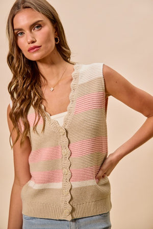 SO ME Women's Sweaters Multi Color Stripe Sweater Vest With Scallop Edge