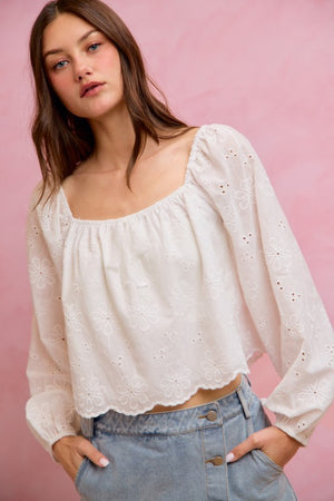 SO ME Women's Top Cotton Gauze Eyelet Scallop Edge Blouse Top