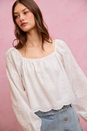 SO ME Women's Top Cotton Gauze Eyelet Scallop Edge Blouse Top