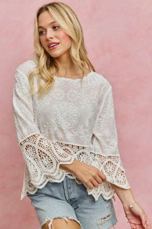 SO ME Women's Top Floral Embroidered Crochet Lace Trimmed Top