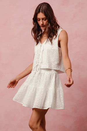 SO ME Women's Top Floral Eyelet Lace Tie Front Vest Top and Tiered Mini Skirt Set