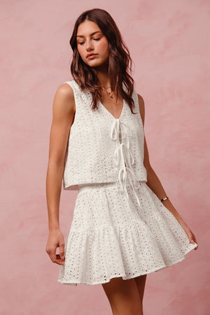 SO ME Women's Top Floral Eyelet Lace Tie Front Vest Top and Tiered Mini Skirt Set