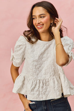 SO ME Women's Top Floral Jacquard Short Sleeves Peplum Top with Ribbon Detail