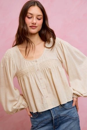 SO ME Women's Top Linen Blend Woven Long Sleeve With Smocking Top