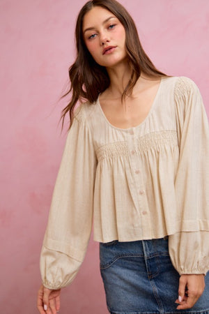 SO ME Women's Top Linen Blend Woven Long Sleeve With Smocking Top