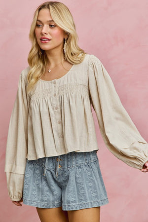 SO ME Women's Top Linen Blend Woven Long Sleeve With Smocking Top