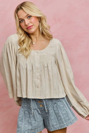 SO ME Women's Top Linen Blend Woven Long Sleeve With Smocking Top