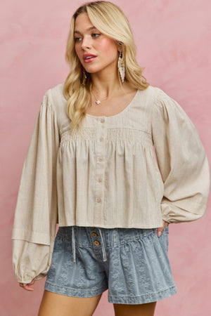 SO ME Women's Top Linen Blend Woven Long Sleeve With Smocking Top