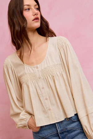 SO ME Women's Top Linen Blend Woven Long Sleeve With Smocking Top