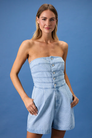 SUNDAY EDITION Women's Romper Strapless Button Down Denim Romper