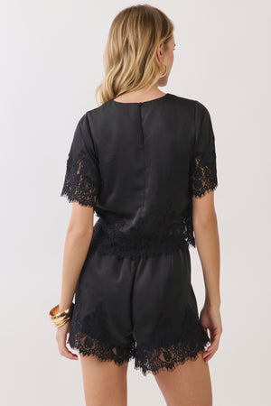 TCEC Women's Top Lace Trim Detail Relaxed Fit Satin Top