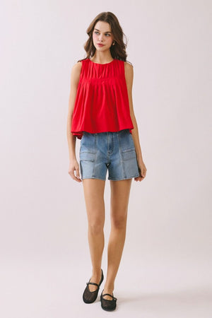 TCEC Women's Top Pleated Detail High Low Sleeveless Top