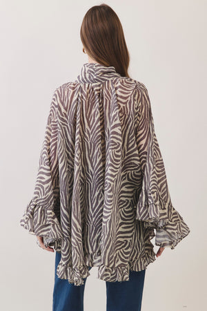 TCEC Women's Top Zebra Print Ruffle Detail High Low Hem Blouse