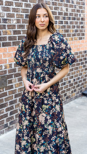 THML Women's Dresses Puff Sleeve Smocked Floral Dress