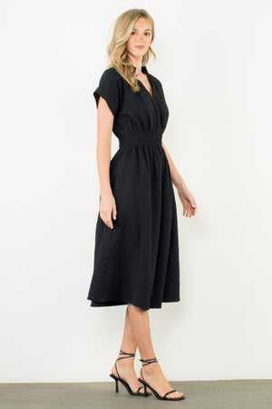 THML Women's Dresses Textured Split Neck Smocked Waist Dress || David's Clothing