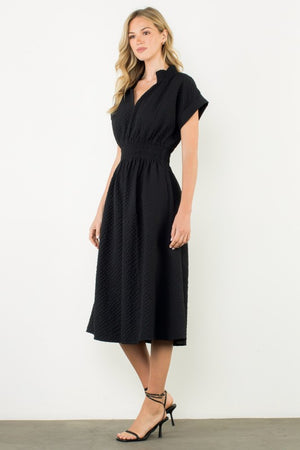 THML Women's Dresses Textured Split Neck Smocked Waist Dress || David's Clothing