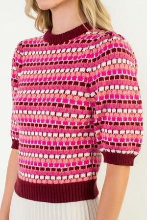 THML Women's Sweaters Textured Stripe Puff Sleeve Knit Top
