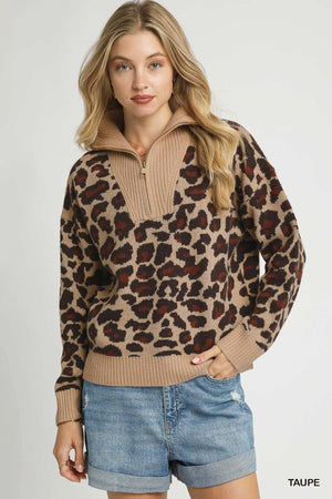 UMGEE USA Women's Sweaters Leopard Print Quarter-Zip Knit Sweater