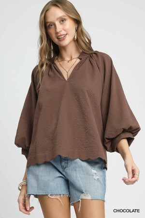 UMGEE USA Women's Top CHOCOLAT / S Split V Neck Top with Balloon Sleeves || David's Clothing C5060