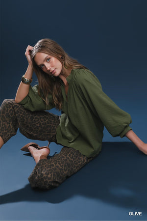 UMGEE USA Women's Top OLIVE / S Split V Neck Top with Balloon Sleeves || David's Clothing C5060