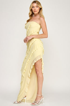 VINTAGE STORE Women's Dresses Tube Mesh Frilled Slit Side Dress