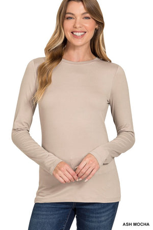 ZENANA Women's Top ASH MOCH / S Brushed Microfiber Long Sleeve Round Neck Tee MT-2053M8