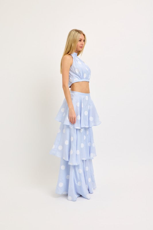 Big Polka Dot Halter Neck Top And Layerd Maxi Skirt Set