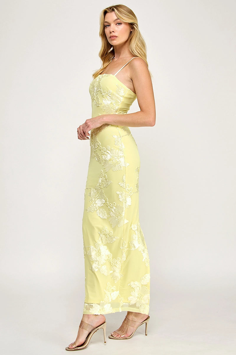 Sleeveless Mesh Floral Embroidered Maxi Dress
