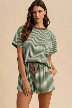 ANNIEWEAR Women's Set OLIVE/BROWN / S Loose Fit Striped Knit Top &amp; Mini Shorts Set 9278SOB