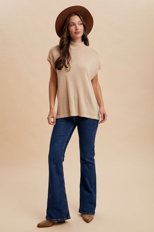 ANNIEWEAR Women's Sweaters Soft Wool Blend Mock Neck Short Sleeve Sweater