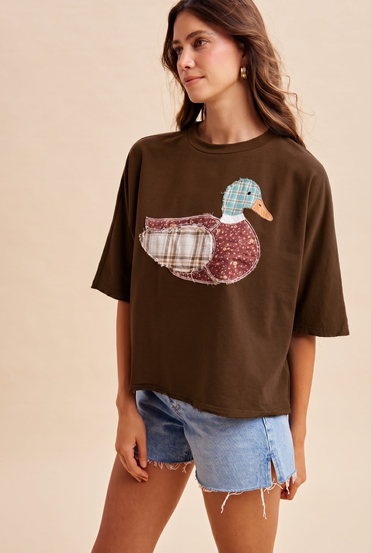 ANNIEWEAR Women's Top CHOCOLAT / S Mallard Duck Patchwork Dolman Sleeve Knit Top AT10343S