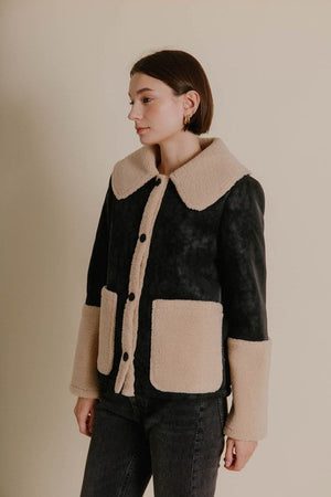 AUREUM Women Jackets Shearling Contrast Vegan Leather Jacket || David's Clothing