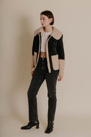 AUREUM Women Jackets Shearling Contrast Vegan Leather Jacket || David's Clothing