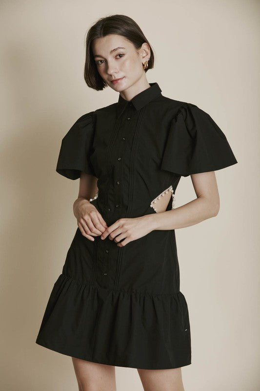 AUREUM Women's Dresses Pearl Trim Cut-Out Shirt Dress || David's Clothing