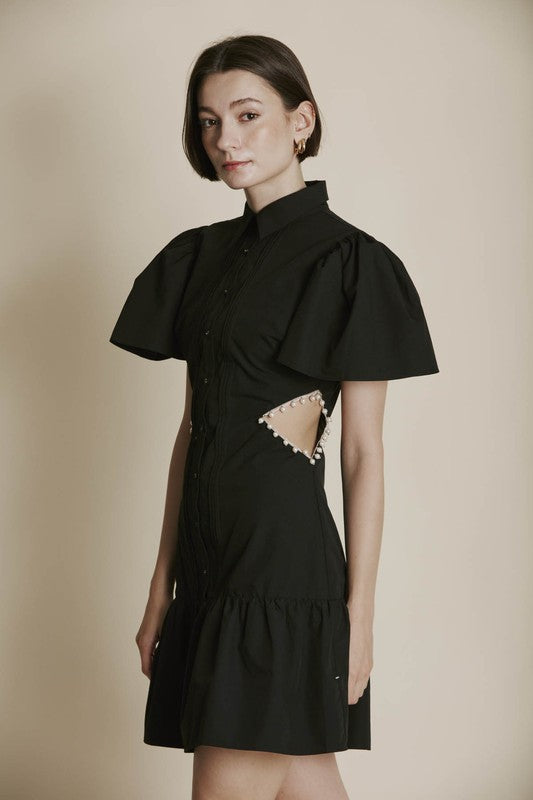 AUREUM Women's Dresses Pearl Trim Cut-Out Shirt Dress || David's Clothing