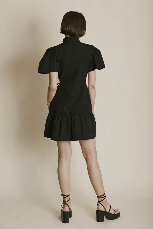 AUREUM Women's Dresses Pearl Trim Cut-Out Shirt Dress || David's Clothing