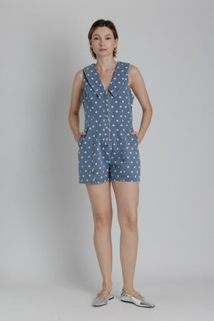AUREUM Women's Romper Sailor Collar Denim Romper