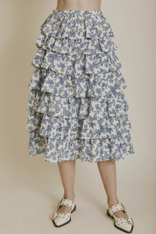 AUREUM Women's Skirts Tiered Floral Midi Skirt || David's Clothing