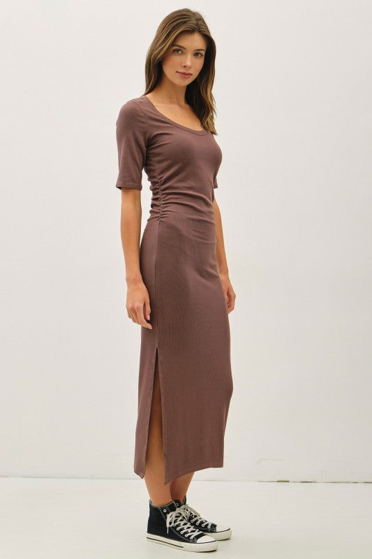 knee length dresses for ladies Basic Ribbed Midi Dress with Side Slit
