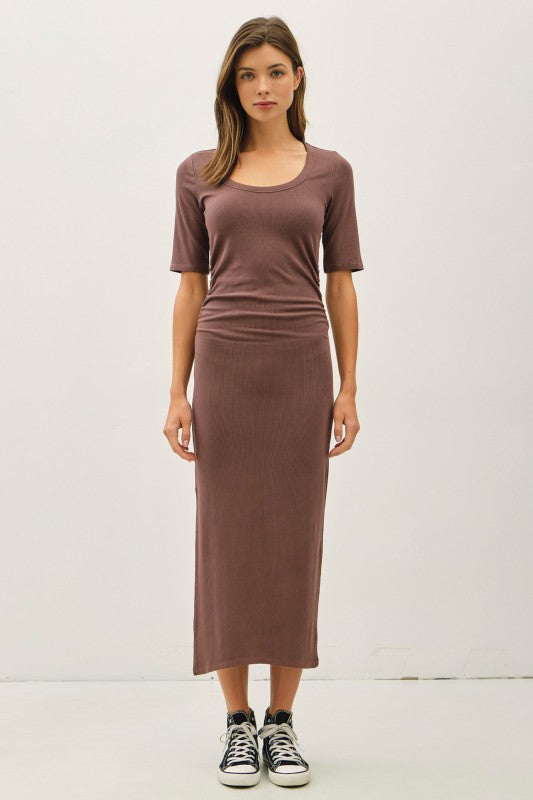 Basic Ribbed Midi Dress With Side Slit - David's Clothing Basic Ribbed Midi Dress With Side Slit - David's Clothing
