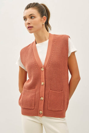 Be Cool LA Women's Sweaters TERRACOT / S Varsity Style Button Up Sweater Vest With Pockets || David's Clothing 65074