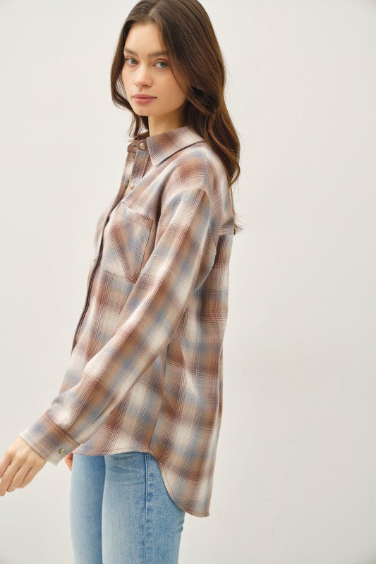 Be Cool LA Women's Top MOCHA / S Cambell Plaid Boxy Shirt 19683