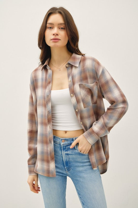 Be Cool LA Women's Top MOCHA / S Cambell Plaid Boxy Shirt 19683