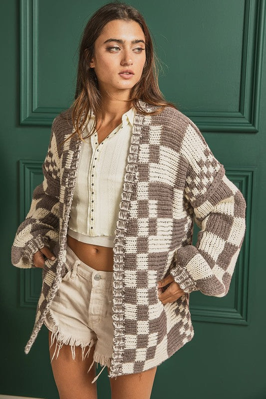 BIBI DEE COR Women's Sweaters MOCHA / S Mixed Check Pattern Loose Fit Chunky Cardigan || David's Clothing IP6171G-01
