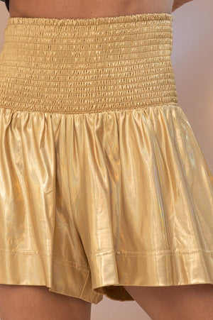 Blue B Collection Women's Shorts Smocked Waist Metallic Golden Shorts || David's Clothing